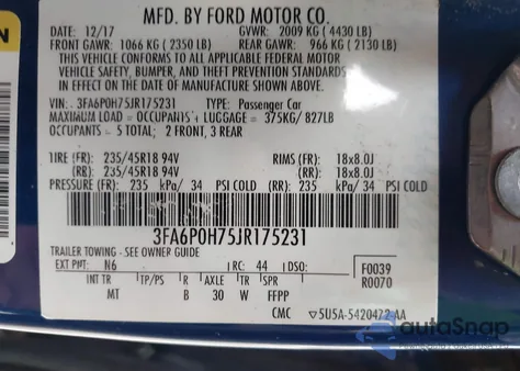 2018 Ford Fusion Se из США, поврежденный, VIN 3FA6P0H75JR175231